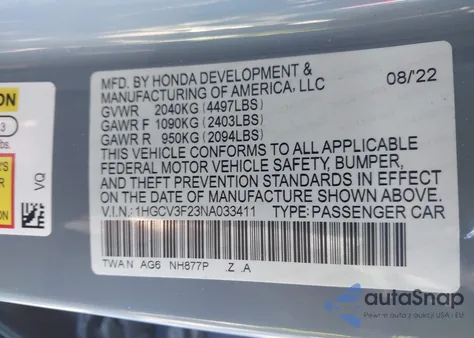 2022 Honda Accord Hybrid Sport z USA, uszkodzony, nr VIN 1HGCV3F23NA033411